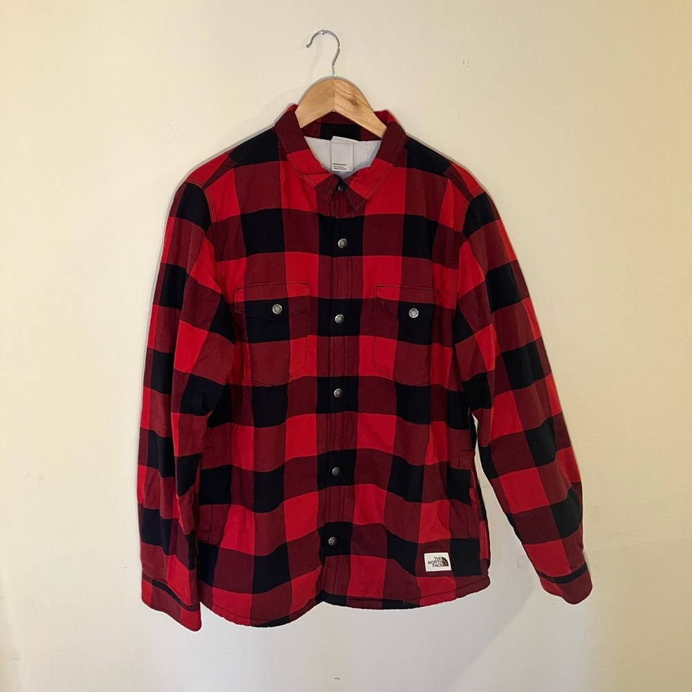 The North Face Men's Red and Black Plaid, Sherpa Lined Snap-Button Shirt/Jacket